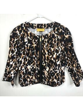 St. John Black White Brown Animal Print Woven Cotton Full Zip Jacket Women's 10